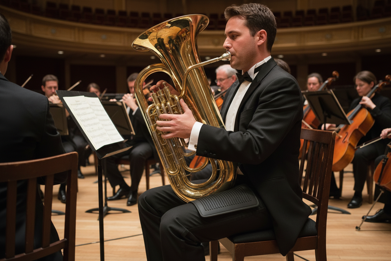 orchestra tuba player with a matte black anti slip mat on left thigh